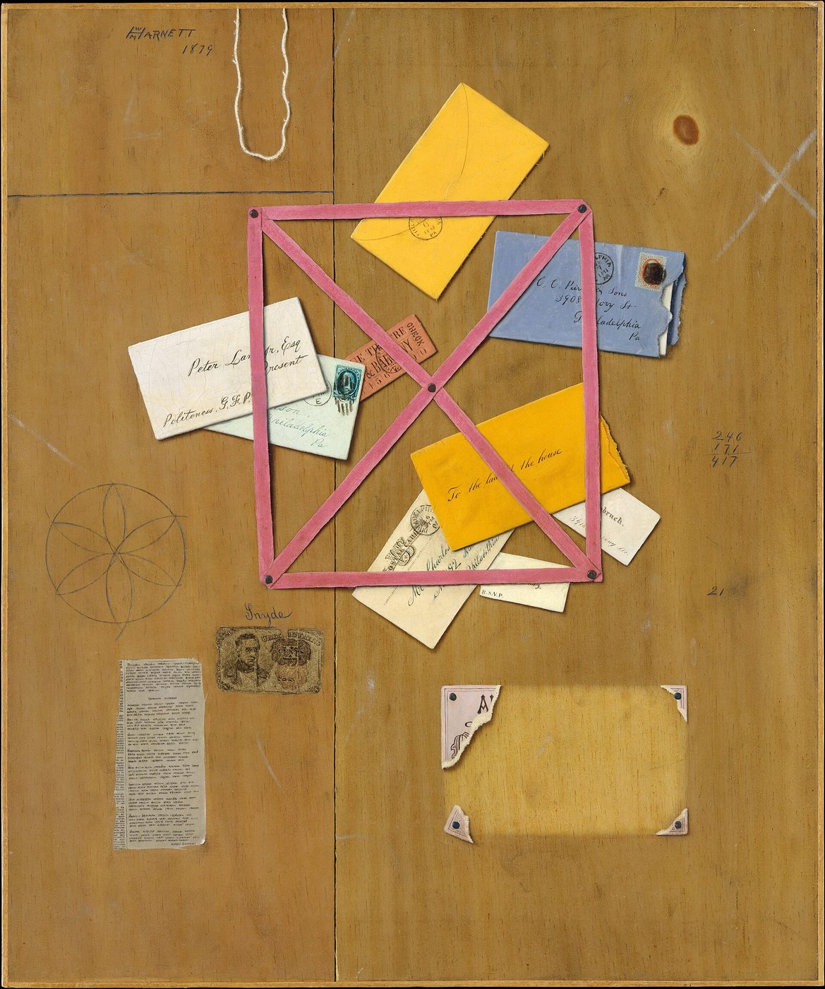William Harnett's painting The Artist's Letter Rack: letters and cards held in a pink ribbon frame